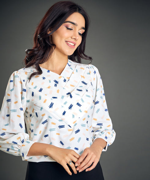 Off White Printed Side Pleated Top